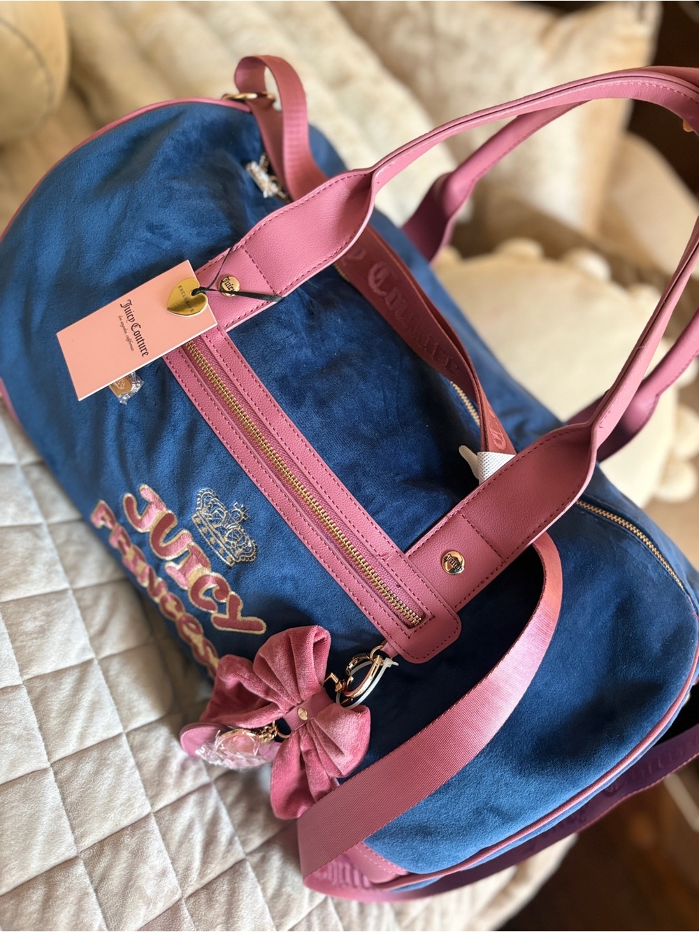 Juicy Couture Navy Velvet Duffel with Pink Trim and Bow Charm💓💓 super cute bag💞